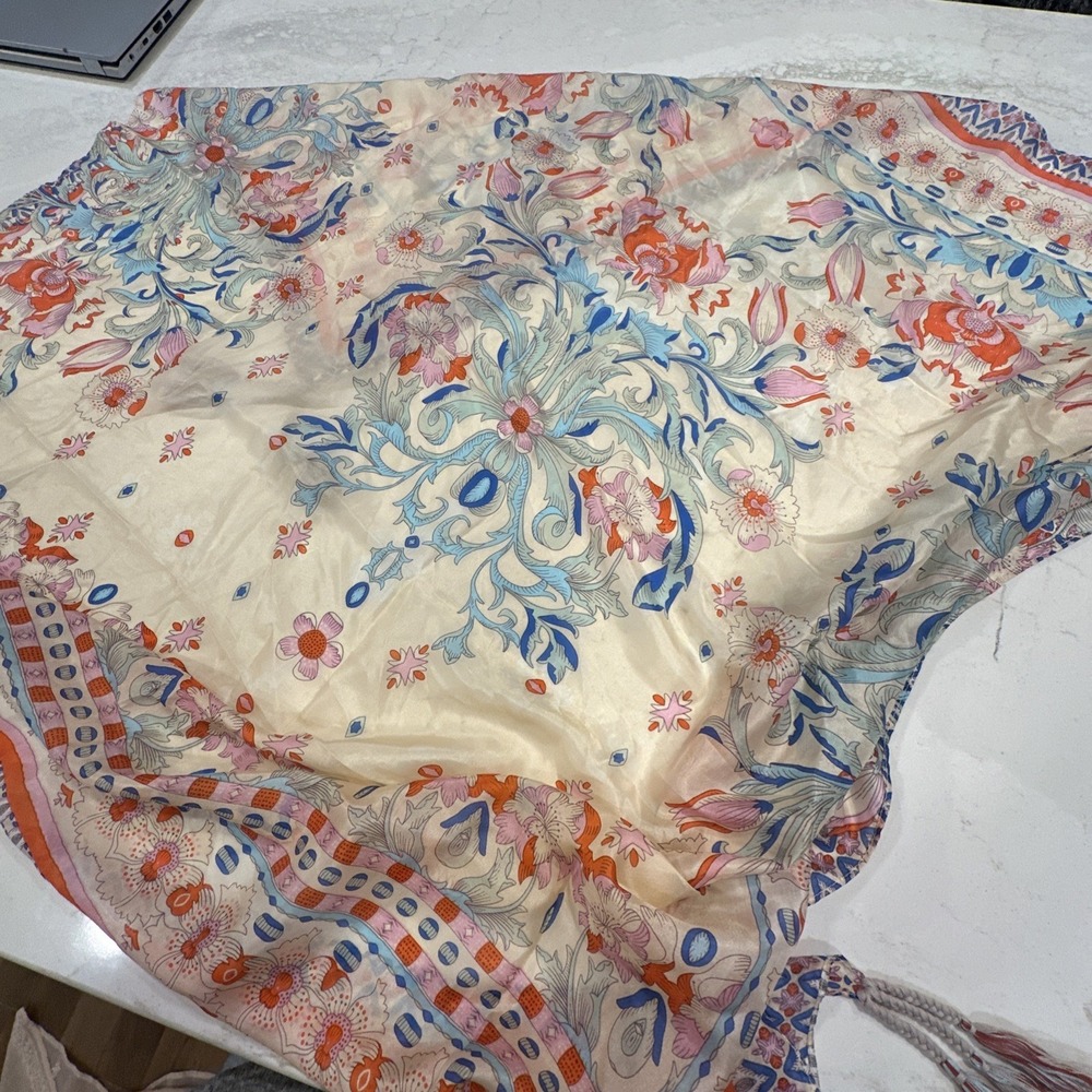 Johnny Was Silk Scarf Wrap Floral Print with Tassels Large Square 43"x43" - Picture 9 of 10